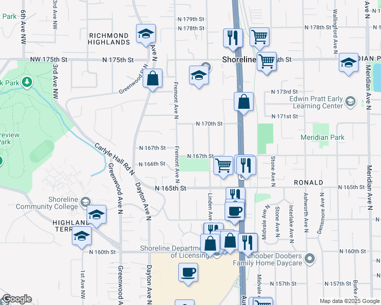 map of restaurants, bars, coffee shops, grocery stores, and more near 16714 Fremont Avenue North in Shoreline
