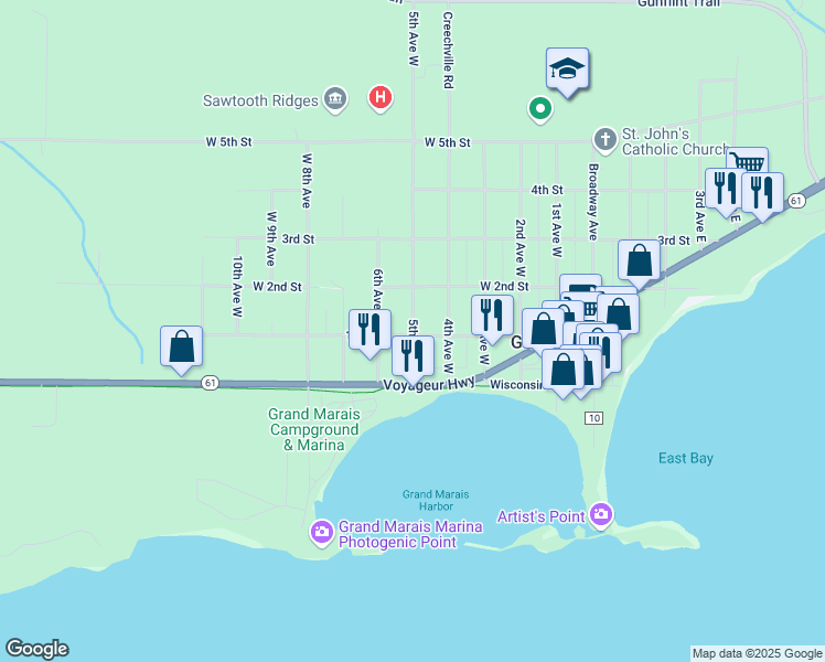 map of restaurants, bars, coffee shops, grocery stores, and more near 105 5th Avenue West in Grand Marais