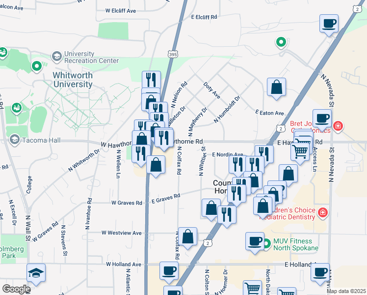 map of restaurants, bars, coffee shops, grocery stores, and more near 112 East Hawthorne Road in Spokane