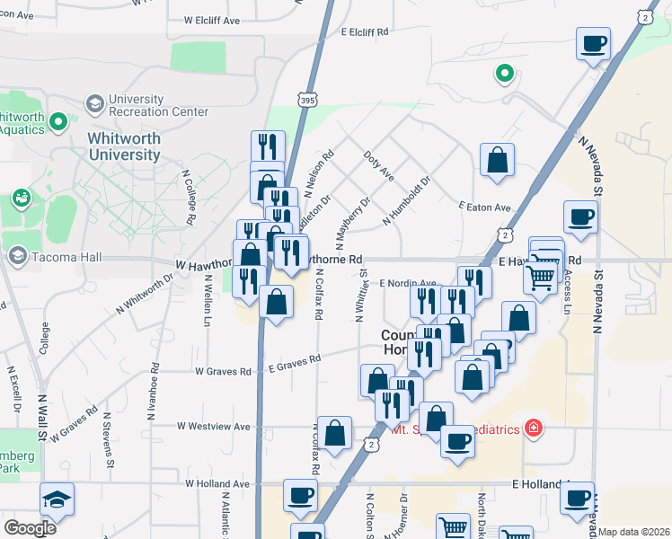 map of restaurants, bars, coffee shops, grocery stores, and more near 120 East Hawthorne Road in Spokane