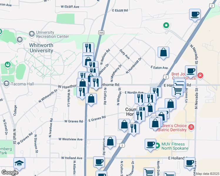 map of restaurants, bars, coffee shops, grocery stores, and more near 120 East Hawthorne Road in Spokane