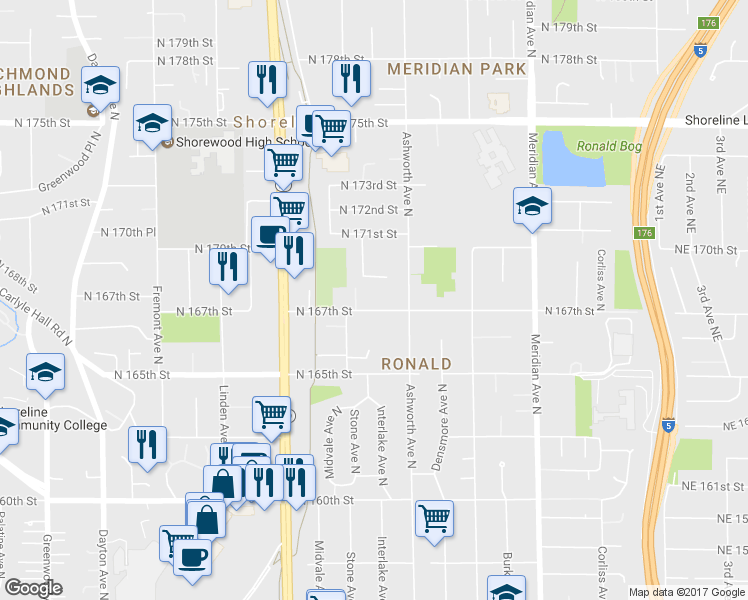 map of restaurants, bars, coffee shops, grocery stores, and more near 1324 North 167th Street in Shoreline