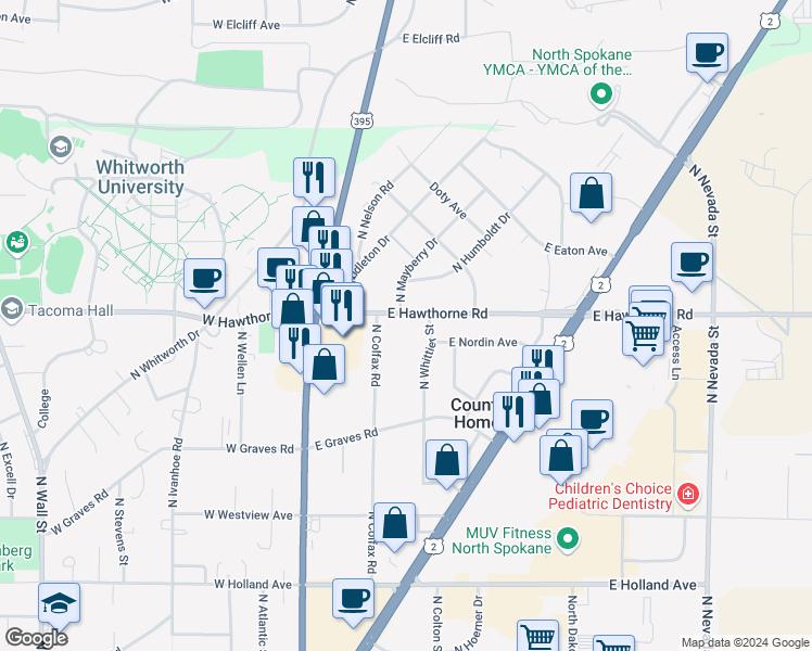 map of restaurants, bars, coffee shops, grocery stores, and more near 130 East Hawthorne Road in Spokane