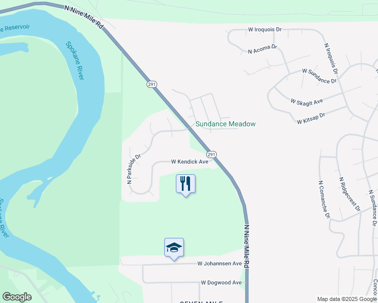 map of restaurants, bars, coffee shops, grocery stores, and more near 10203 North Nine Mile Road in Nine Mile Falls