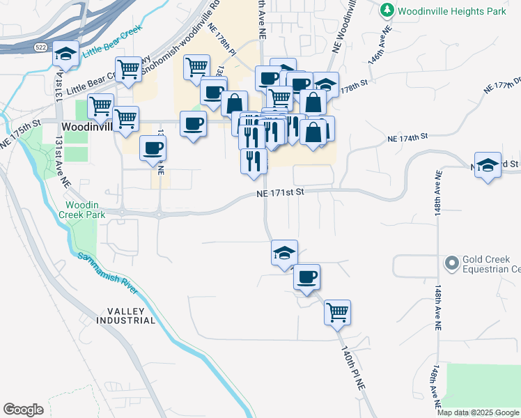 map of restaurants, bars, coffee shops, grocery stores, and more near 16745 140th Avenue Northeast in Woodinville