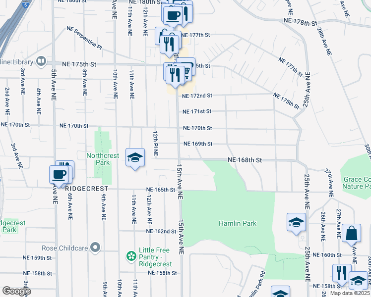 map of restaurants, bars, coffee shops, grocery stores, and more near 1507 Northeast 169th Street in Shoreline
