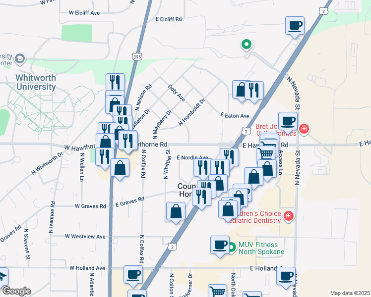 map of restaurants, bars, coffee shops, grocery stores, and more near 320 East Hawthorne Road in Spokane