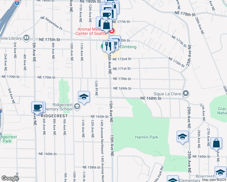 map of restaurants, bars, coffee shops, grocery stores, and more near 1507 Northeast 169th Street in Shoreline