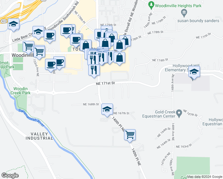 map of restaurants, bars, coffee shops, grocery stores, and more near 17076 140th Court Northeast in Woodinville