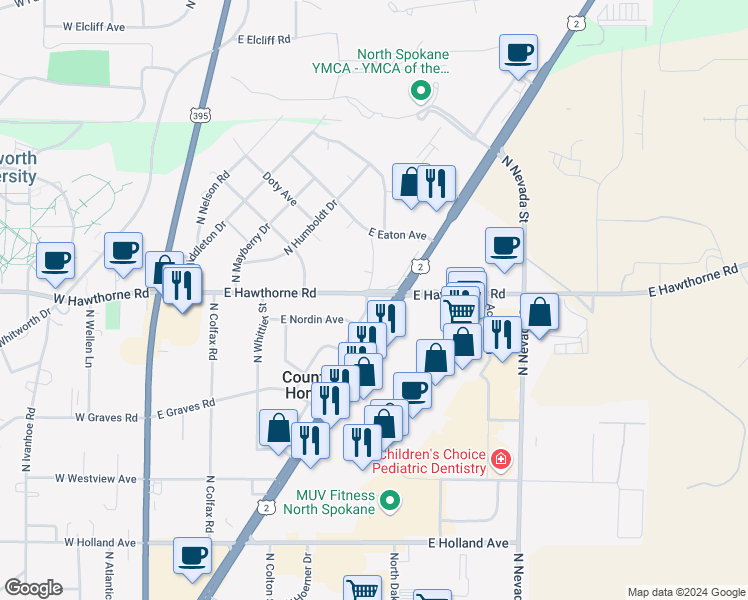 map of restaurants, bars, coffee shops, grocery stores, and more near 10220 North Andrew Street in Spokane