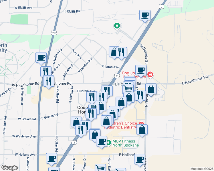 map of restaurants, bars, coffee shops, grocery stores, and more near 544 East Hawthorne Road in Spokane