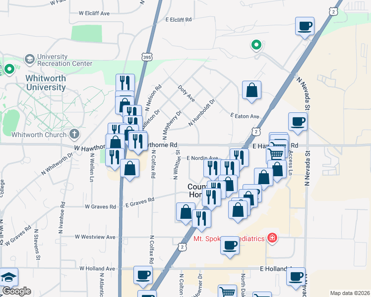 map of restaurants, bars, coffee shops, grocery stores, and more near 208 East Hawthorne Road in Spokane