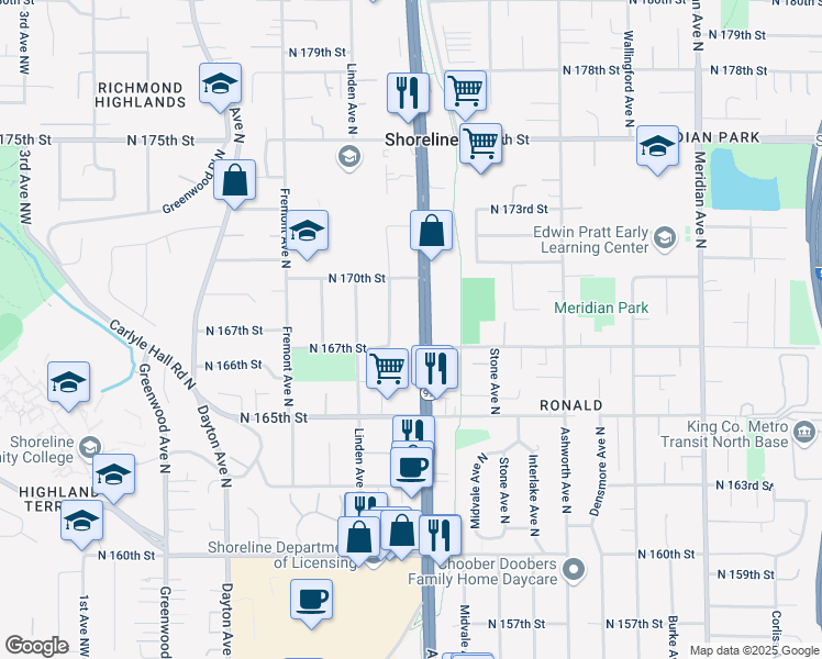 map of restaurants, bars, coffee shops, grocery stores, and more near 16715 Aurora Avenue North in Shoreline