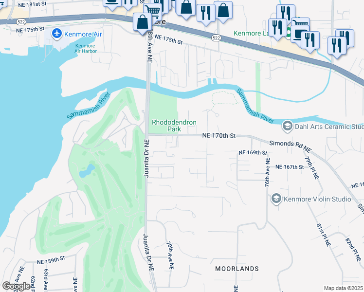 map of restaurants, bars, coffee shops, grocery stores, and more near 16910 70th Avenue Northeast in Kenmore