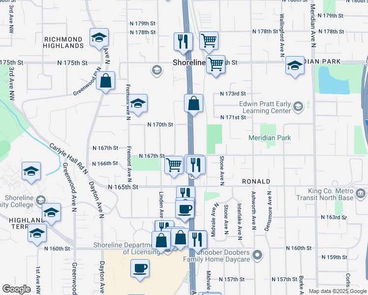 map of restaurants, bars, coffee shops, grocery stores, and more near 16715 Aurora Avenue North in Shoreline