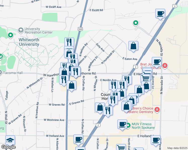 map of restaurants, bars, coffee shops, grocery stores, and more near 208 East Hawthorne Road in Spokane