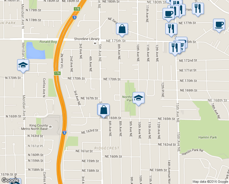 map of restaurants, bars, coffee shops, grocery stores, and more near 16721 8th Avenue Northeast in Shoreline