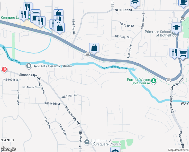 map of restaurants, bars, coffee shops, grocery stores, and more near 8457 Northeast 170th Street in Kenmore