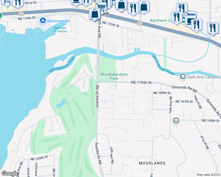 map of restaurants, bars, coffee shops, grocery stores, and more near 6831 Northeast 170th Street in Kenmore