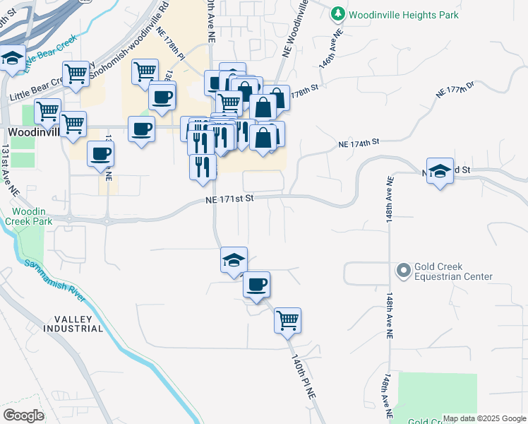 map of restaurants, bars, coffee shops, grocery stores, and more near 17091 142nd Place Northeast in Woodinville