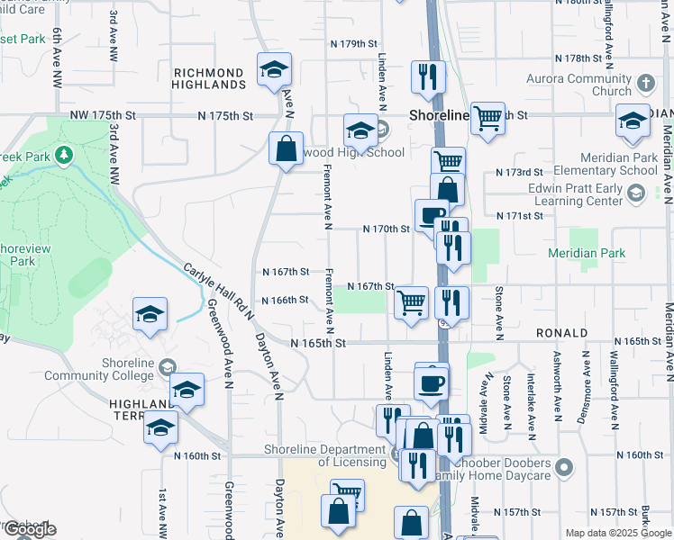 map of restaurants, bars, coffee shops, grocery stores, and more near 16714 Fremont Avenue North in Shoreline