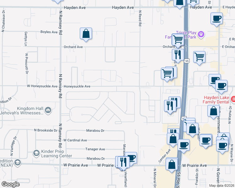 map of restaurants, bars, coffee shops, grocery stores, and more near 1020 West Woodlawn Drive in Hayden