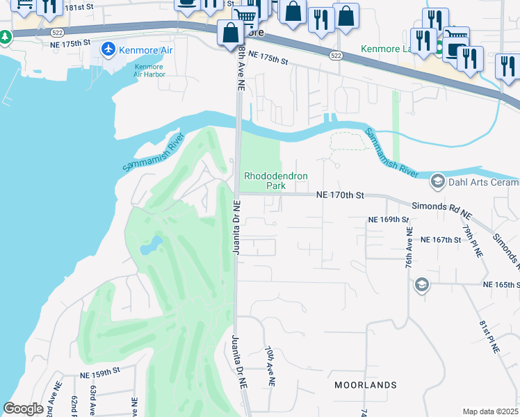 map of restaurants, bars, coffee shops, grocery stores, and more near 6831 Northeast 170th Street in Kenmore