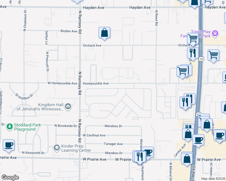 map of restaurants, bars, coffee shops, grocery stores, and more near 1252 West Woodlawn Drive in Hayden
