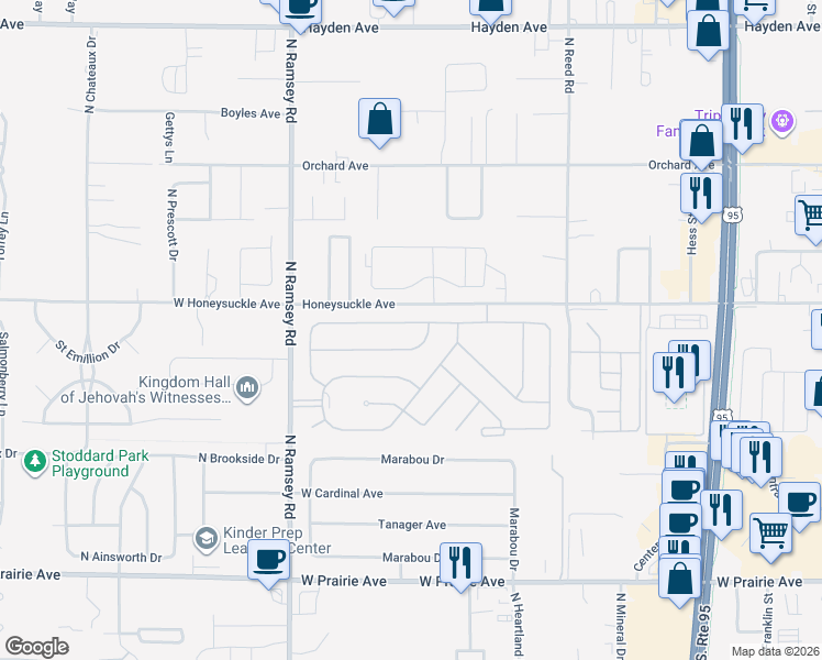 map of restaurants, bars, coffee shops, grocery stores, and more near 1252 West Woodlawn Drive in Hayden