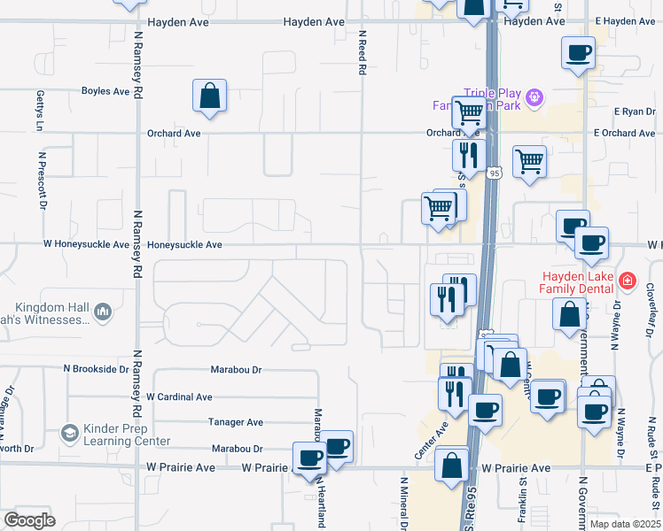 map of restaurants, bars, coffee shops, grocery stores, and more near 8726 Indywood Drive in Hayden