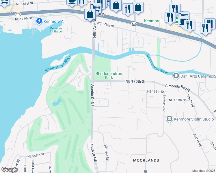 map of restaurants, bars, coffee shops, grocery stores, and more near 6929 Northeast 170th Street in Kenmore