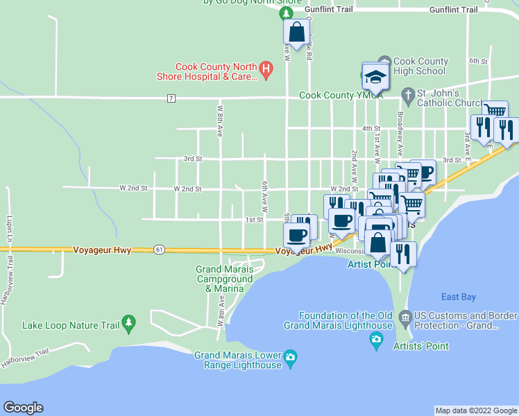 map of restaurants, bars, coffee shops, grocery stores, and more near 107 6th Avenue West in Grand Marais