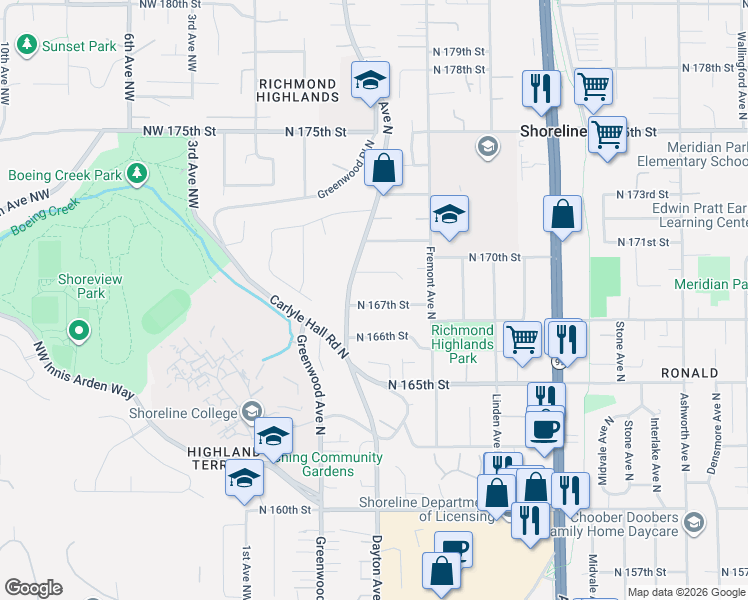 map of restaurants, bars, coffee shops, grocery stores, and more near 524 North 167th Street in Shoreline