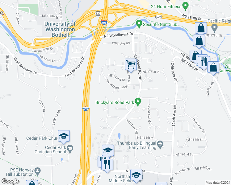 map of restaurants, bars, coffee shops, grocery stores, and more near 17004 118th Court Northeast in Bothell