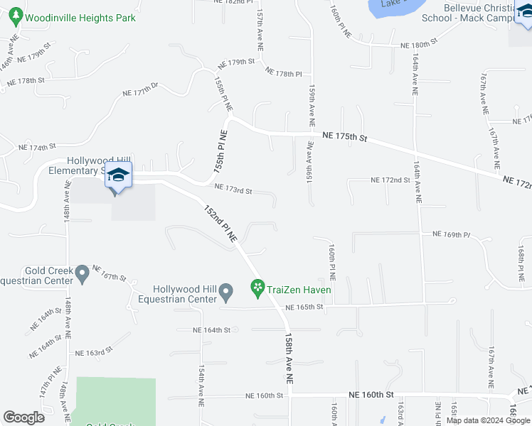 map of restaurants, bars, coffee shops, grocery stores, and more near 15633 Northeast 173rd Street in Woodinville