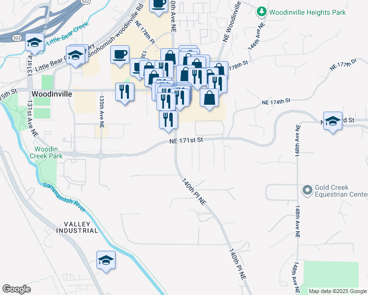map of restaurants, bars, coffee shops, grocery stores, and more near 16745 140th Avenue Northeast in Woodinville
