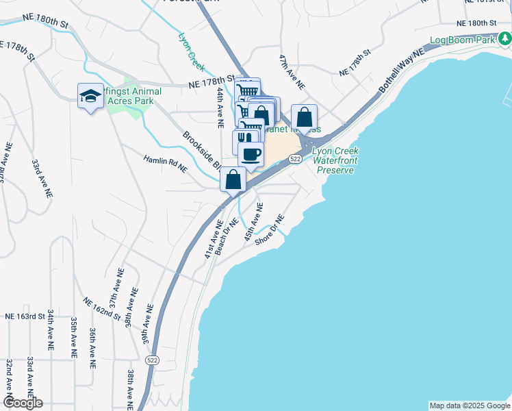 map of restaurants, bars, coffee shops, grocery stores, and more near 16821 45th Avenue Northeast in Lake Forest Park