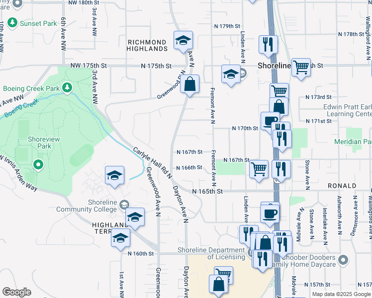 map of restaurants, bars, coffee shops, grocery stores, and more near 524 North 167th Street in Shoreline