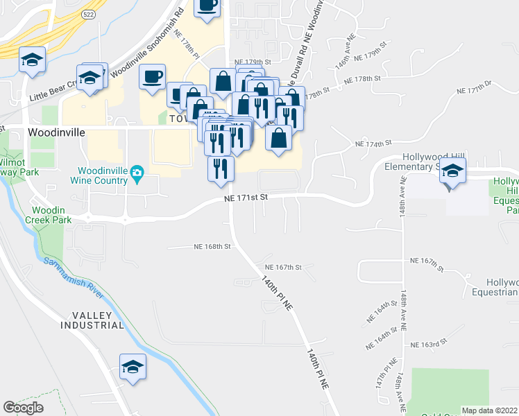 map of restaurants, bars, coffee shops, grocery stores, and more near 17076 140th Court Northeast in Woodinville
