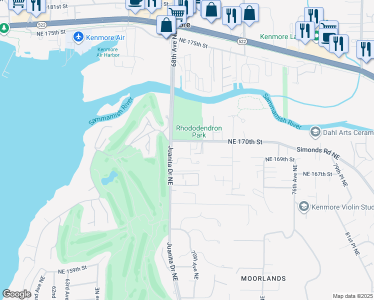 map of restaurants, bars, coffee shops, grocery stores, and more near 6831 Northeast 170th Street in Kenmore