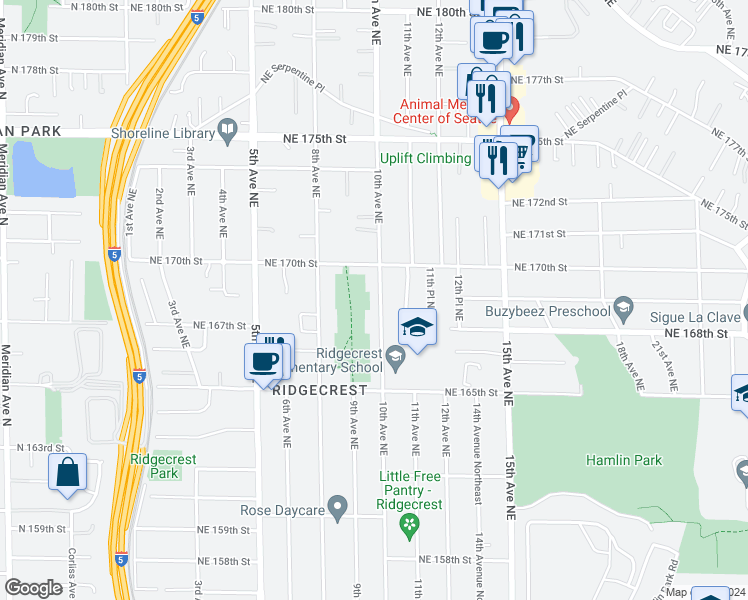 map of restaurants, bars, coffee shops, grocery stores, and more near 16723 10th Avenue Northeast in Shoreline