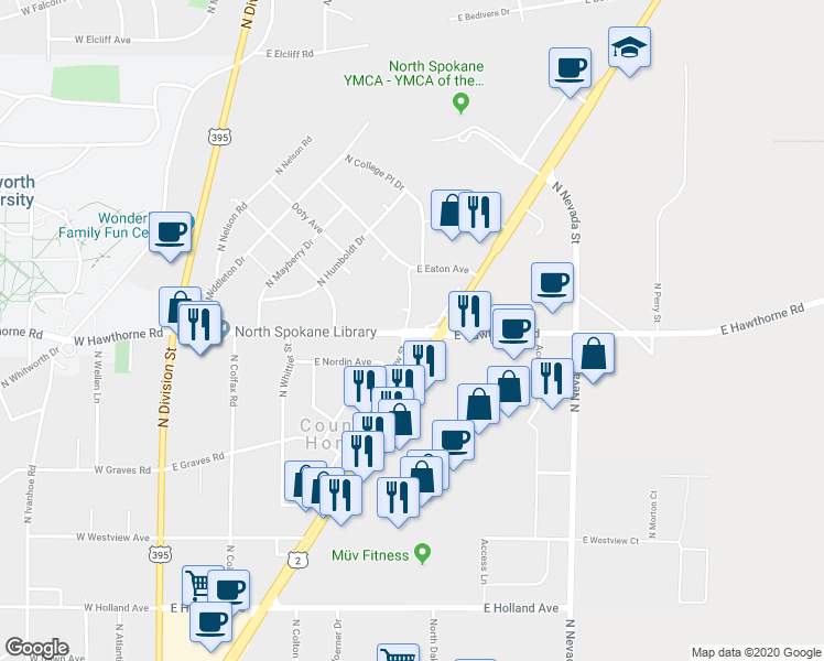 map of restaurants, bars, coffee shops, grocery stores, and more near 539 East Hawthorne Road in Spokane