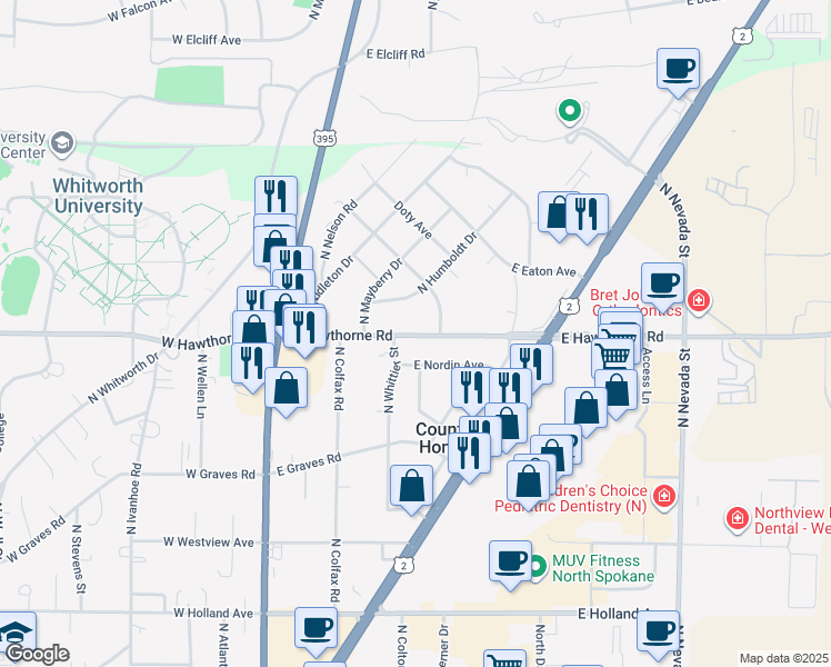map of restaurants, bars, coffee shops, grocery stores, and more near 320 East Hawthorne Road in Spokane