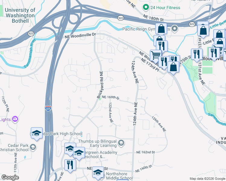 map of restaurants, bars, coffee shops, grocery stores, and more near 17018 Juanita Woodinville Way Northeast in Bothell