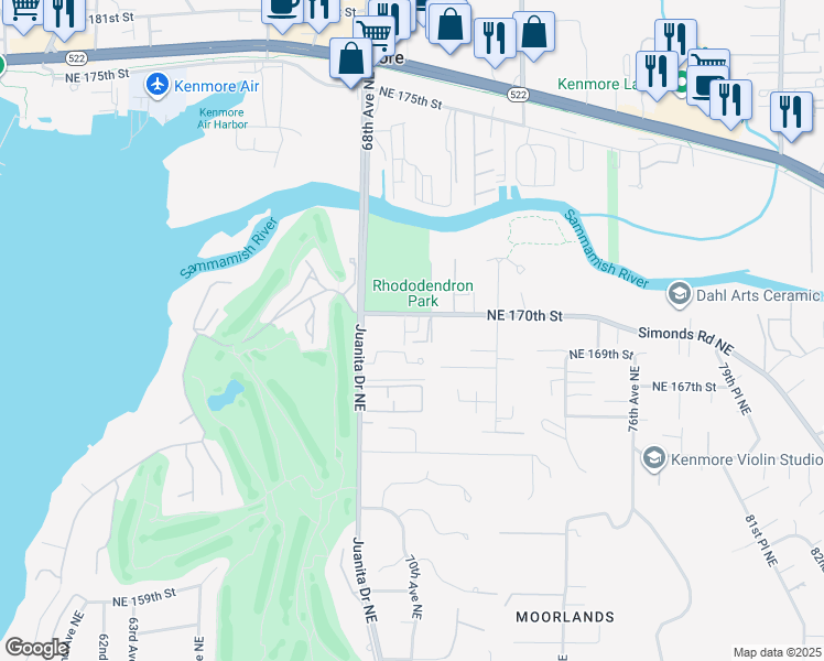 map of restaurants, bars, coffee shops, grocery stores, and more near 6831 Northeast 170th Street in Kenmore