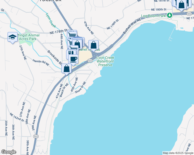 map of restaurants, bars, coffee shops, grocery stores, and more near 4728 Northeast 172nd Street in Lake Forest Park