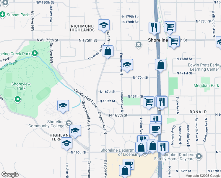 map of restaurants, bars, coffee shops, grocery stores, and more near 544 North 167th Street in Shoreline