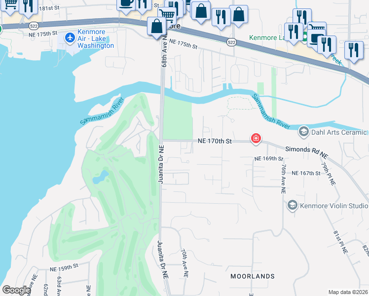map of restaurants, bars, coffee shops, grocery stores, and more near 6831 Northeast 170th Street in Kenmore