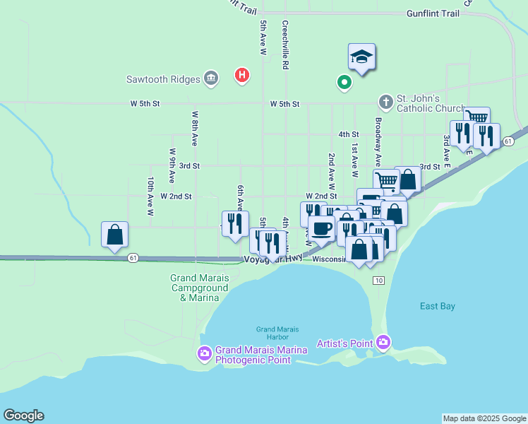 map of restaurants, bars, coffee shops, grocery stores, and more near 105 5th Avenue West in Grand Marais