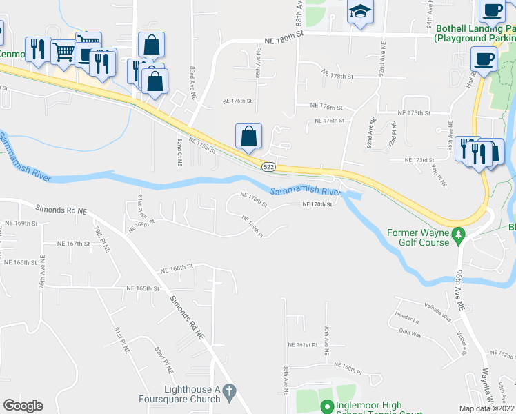 map of restaurants, bars, coffee shops, grocery stores, and more near 8457 Northeast 170th Street in Kenmore
